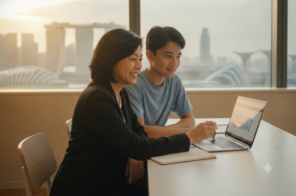 Coach Carolyne Seah working 1:1 with a student on O Level English