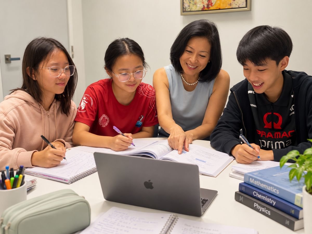 Coach Carolyne guiding a small group of secondary students