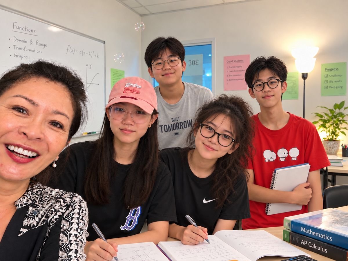 Coach Carolyne taking a class selfie with students at The Raffles English Studio
